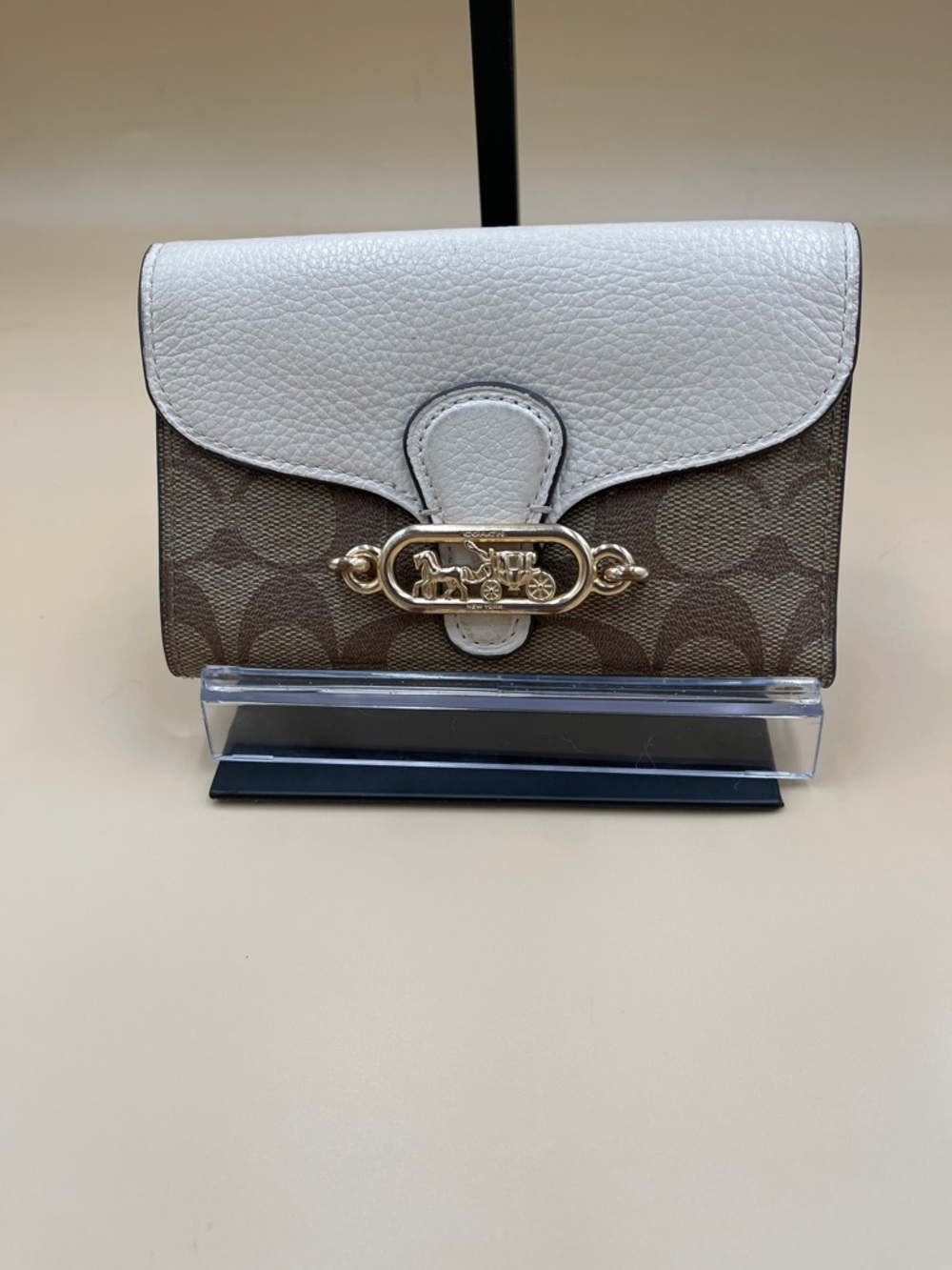 Coach Tan Signature Canvas Wallet with Chalk Leather Flap